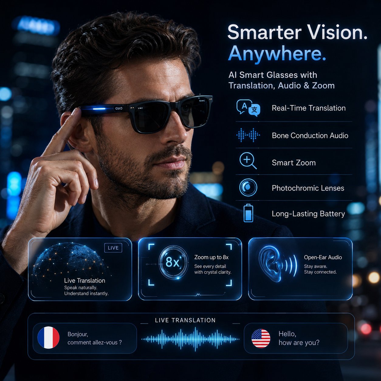 SmartVision™ - AI Translation Smart Glasses with Zoom, Open-Ear Audio & Photochromic Lenses