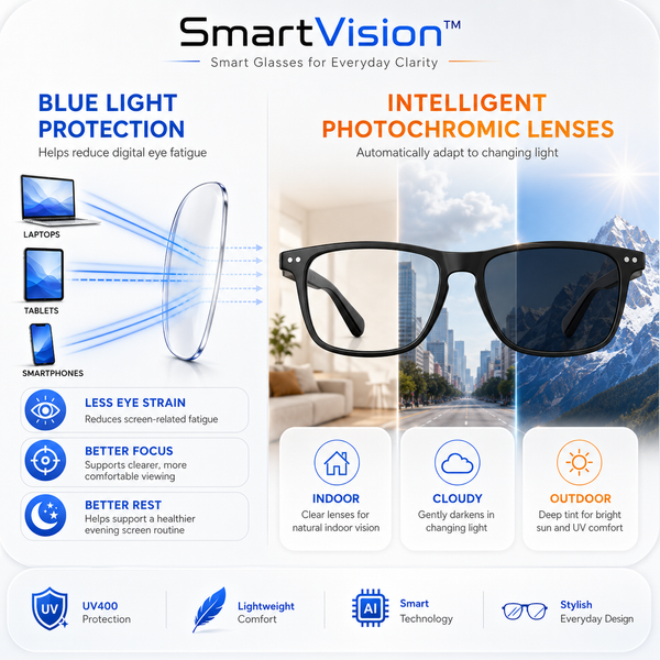 SmartVision™ - AI Translation Smart Glasses with Zoom, Open-Ear Audio & Photochromic Lenses