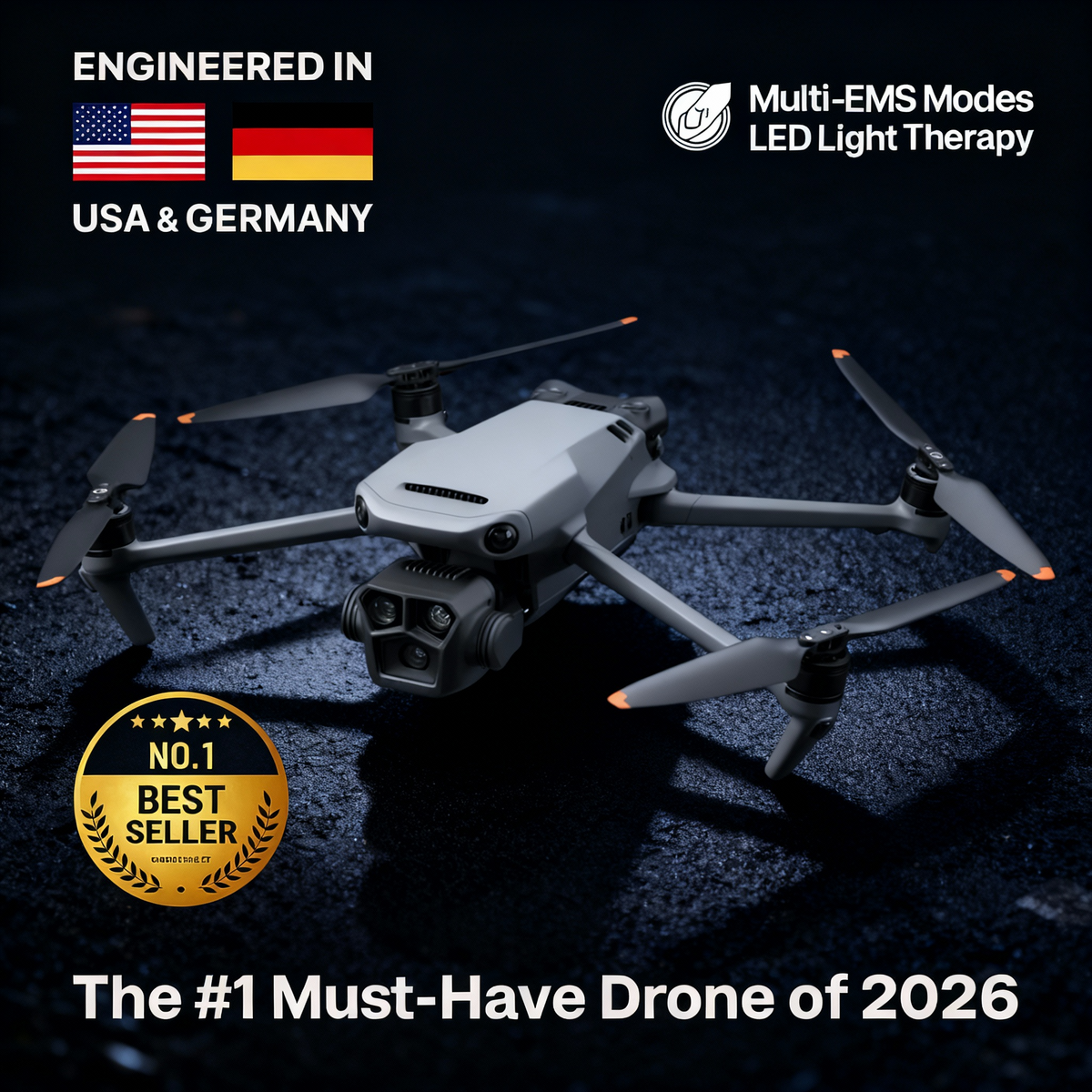Drone with text about multi-EMS modes, LED light therapy, and being a bestseller.